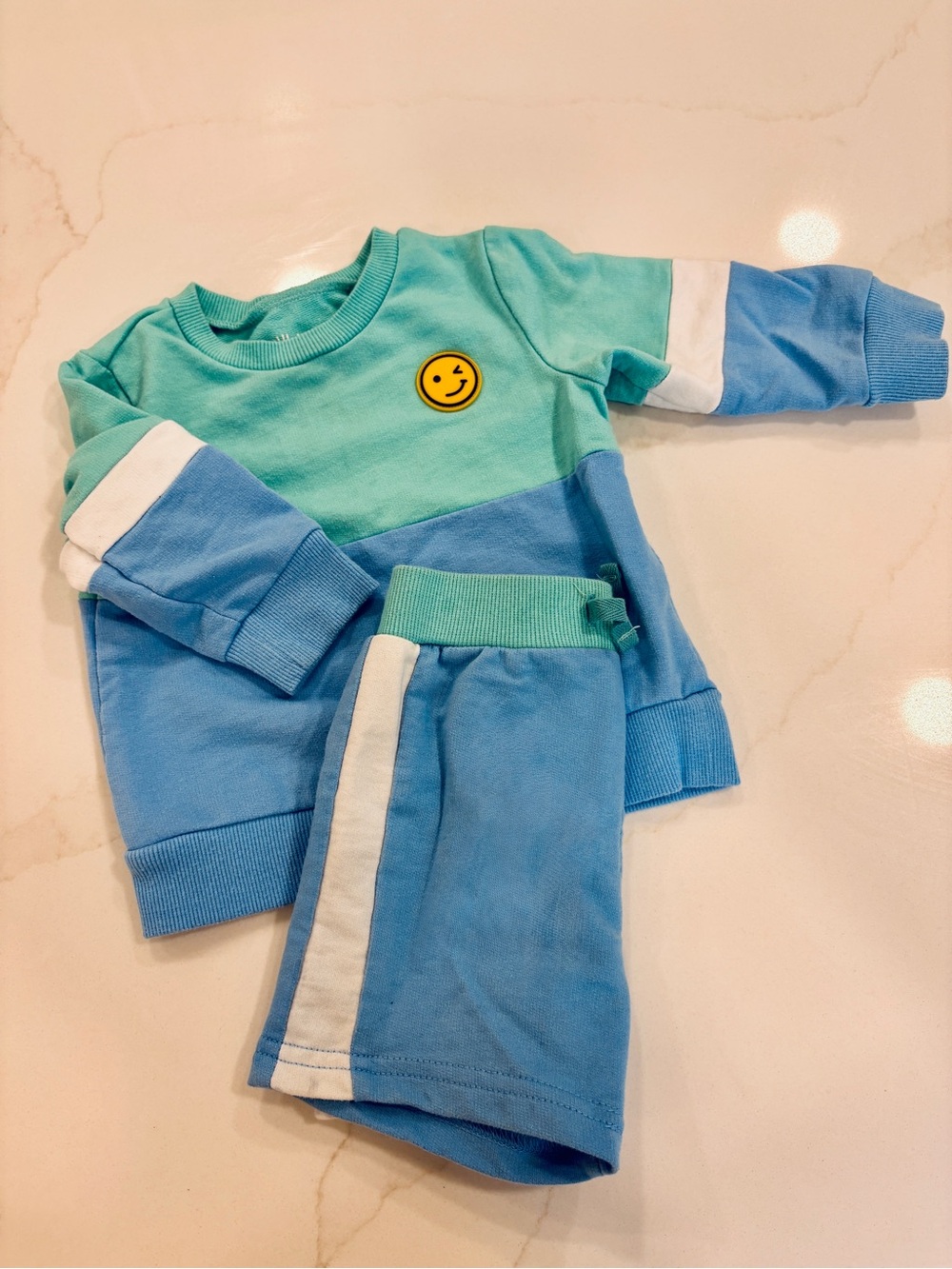 Little Me Blue and Mint Colorblock Kids Matching Set with Smiley Patch